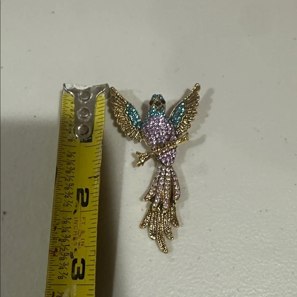 Gold-Tone Parrot Crystal Brooch - Pink & Teal NEW